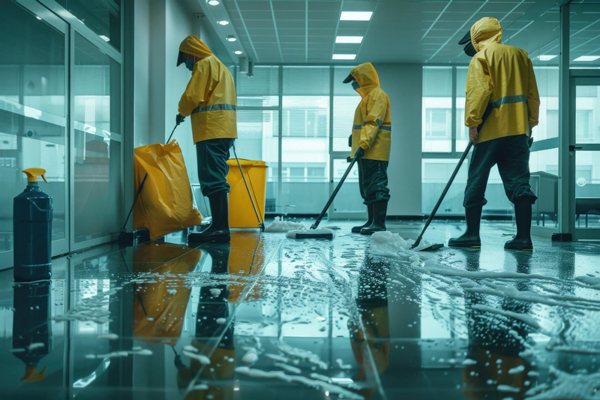 Three people in yellow raincoats diligently cleaning a room, ensuring a spotless and tidy environment.