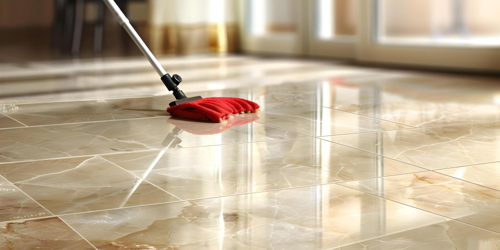 A mop cleaning a shiny marble floor.